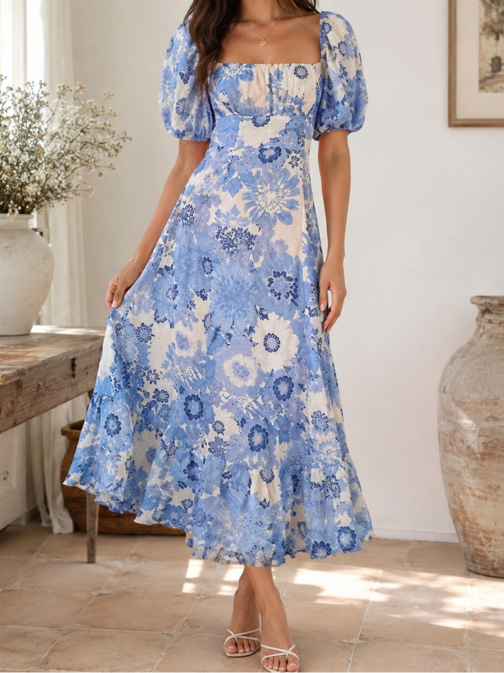 London Times Blue Floral Puff-Sleeve Midi Dress